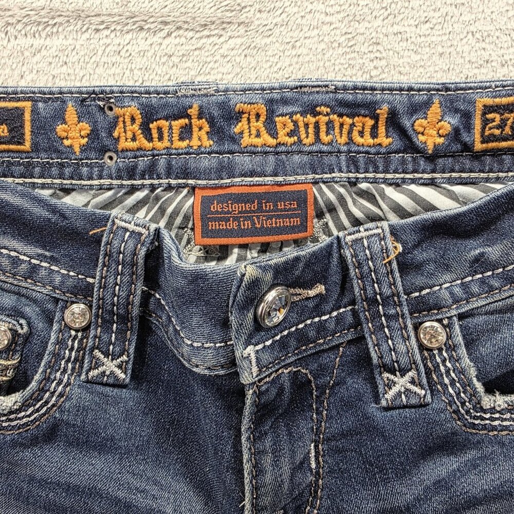 Rock Revival Jeans Womens 27 Blue Piera Skinny Raw Hem Embroidered Fleur de Lis - Picture 4 of 11